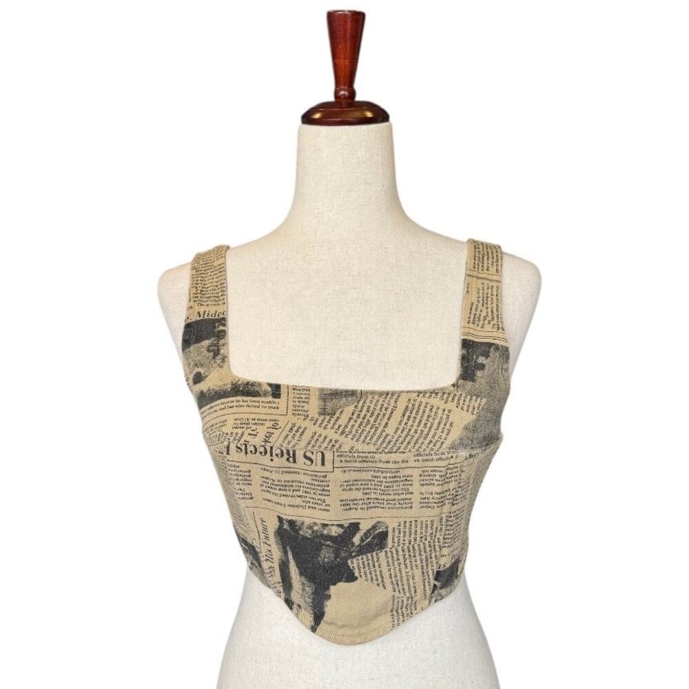 Isalis Newspaper Denim Bustier Crop‎ Top Womens S Tan Square Neck Tank Retro
